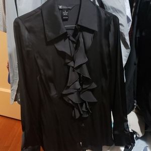 Inc black satin ruffle front blouse size 6